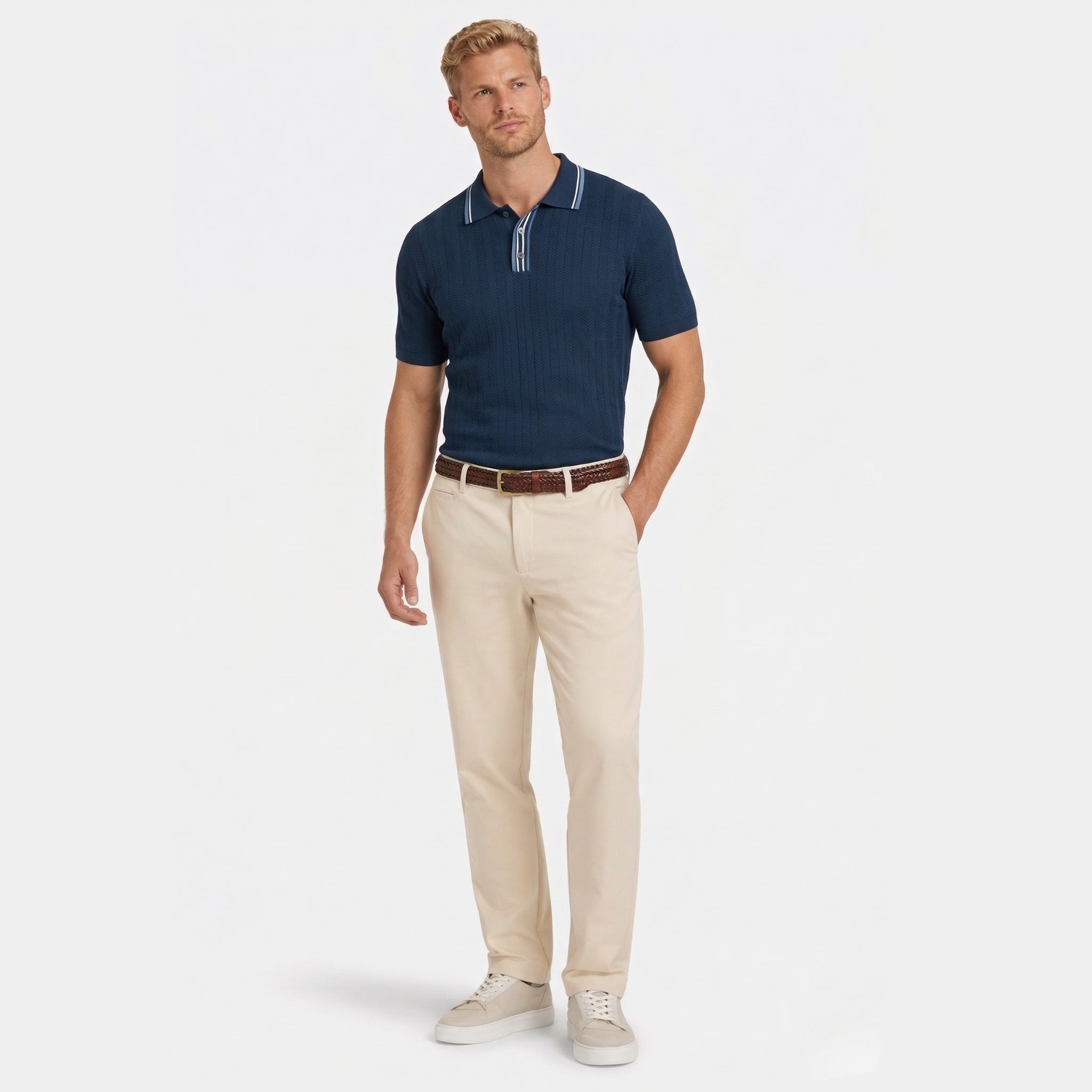 Men's Tipped Collar Polo Herringbone Short Sleeve Regular Fit
