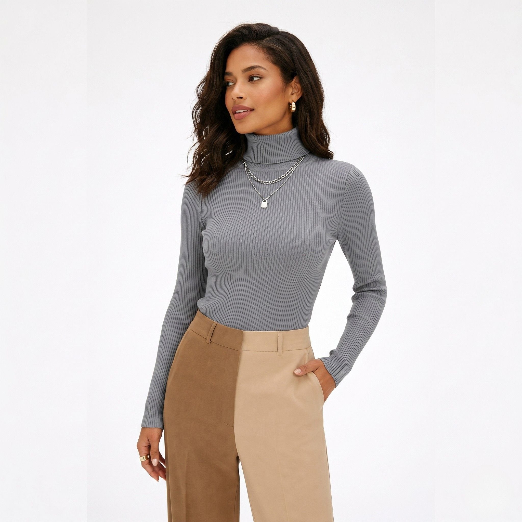 Women's Ribbed Skivvy Jumper Neck Ribbed Long Sleeve