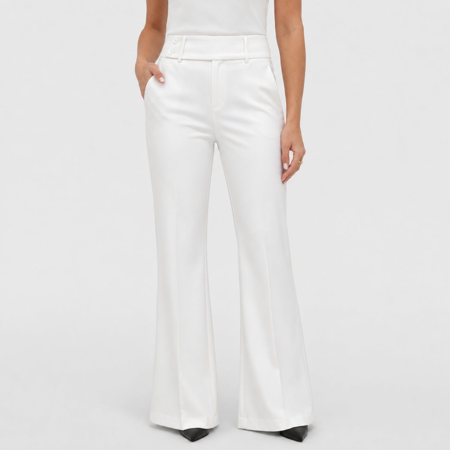 Women's Flare Trousers Button Tab High Waist Regular Fit