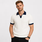 Men's Cable Knit Polo Shirt Contrast Collar Short Sleeve Regular Fit