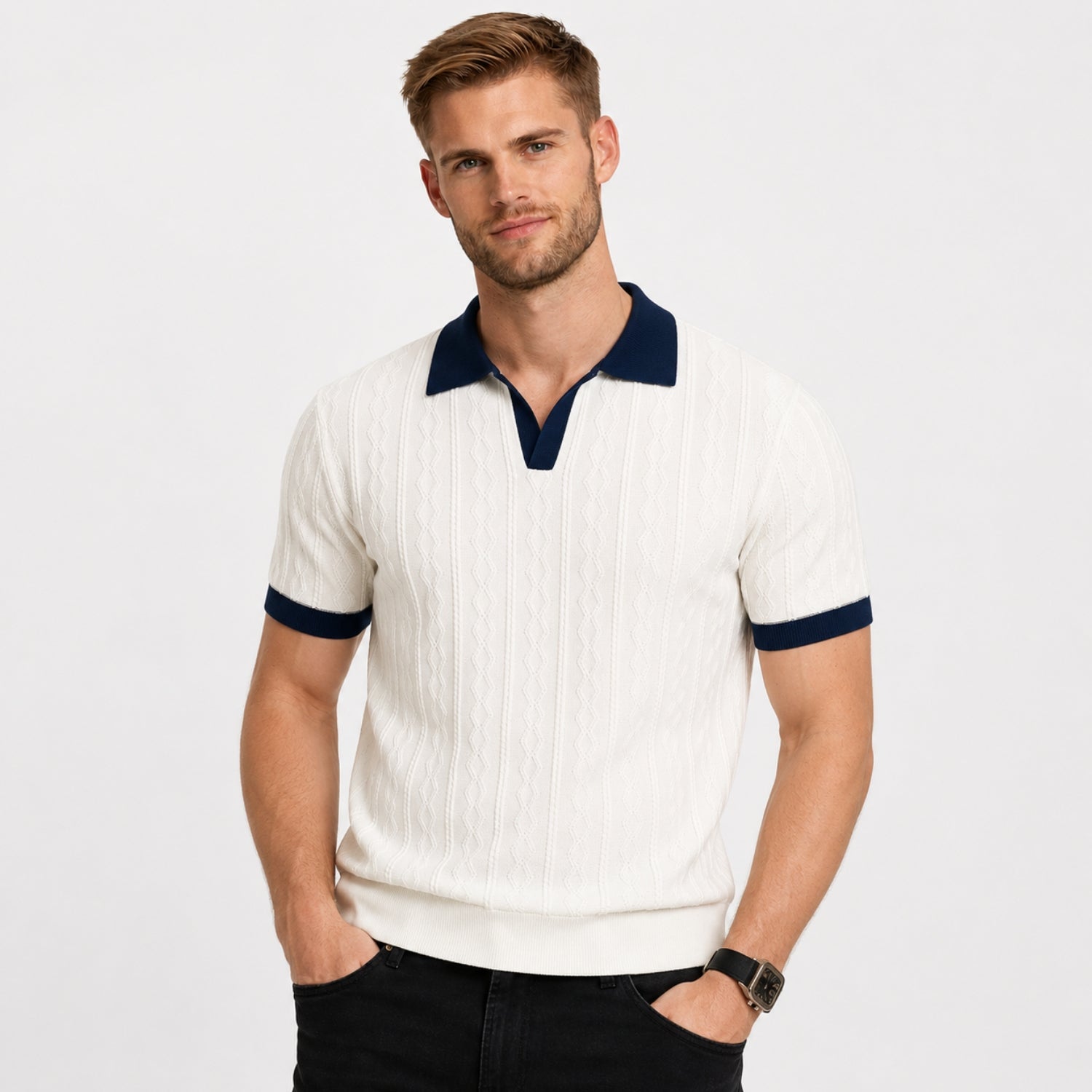 Men's Cable Knit Polo Shirt Contrast Collar Short Sleeve Regular Fit