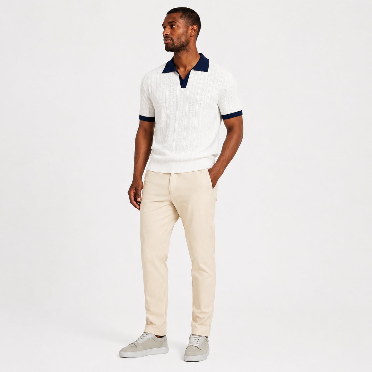 Men's Cable Knit Polo Shirt Contrast Collar Short Sleeve Regular Fit