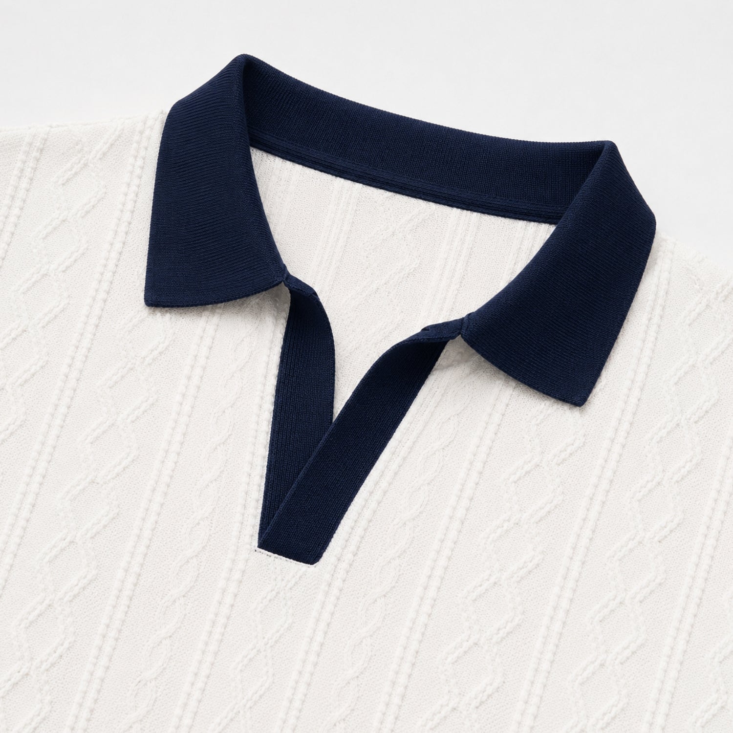 Men's Cable Knit Polo Shirt Contrast Collar Short Sleeve Regular Fit