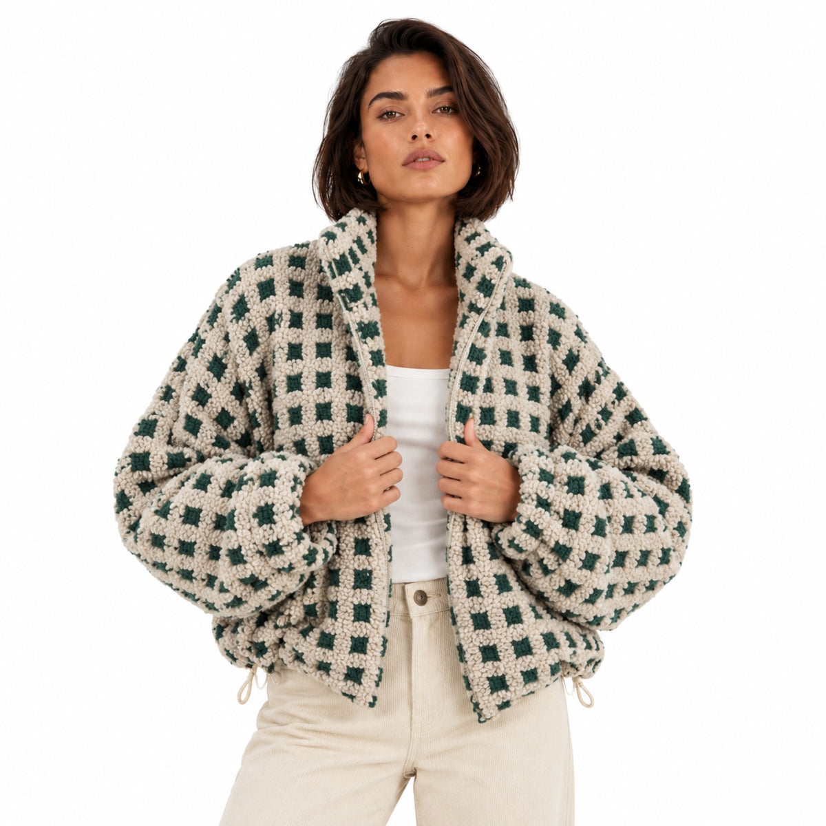 Women's Textured Grid Jacket Funnel Neck Relaxed Fit
