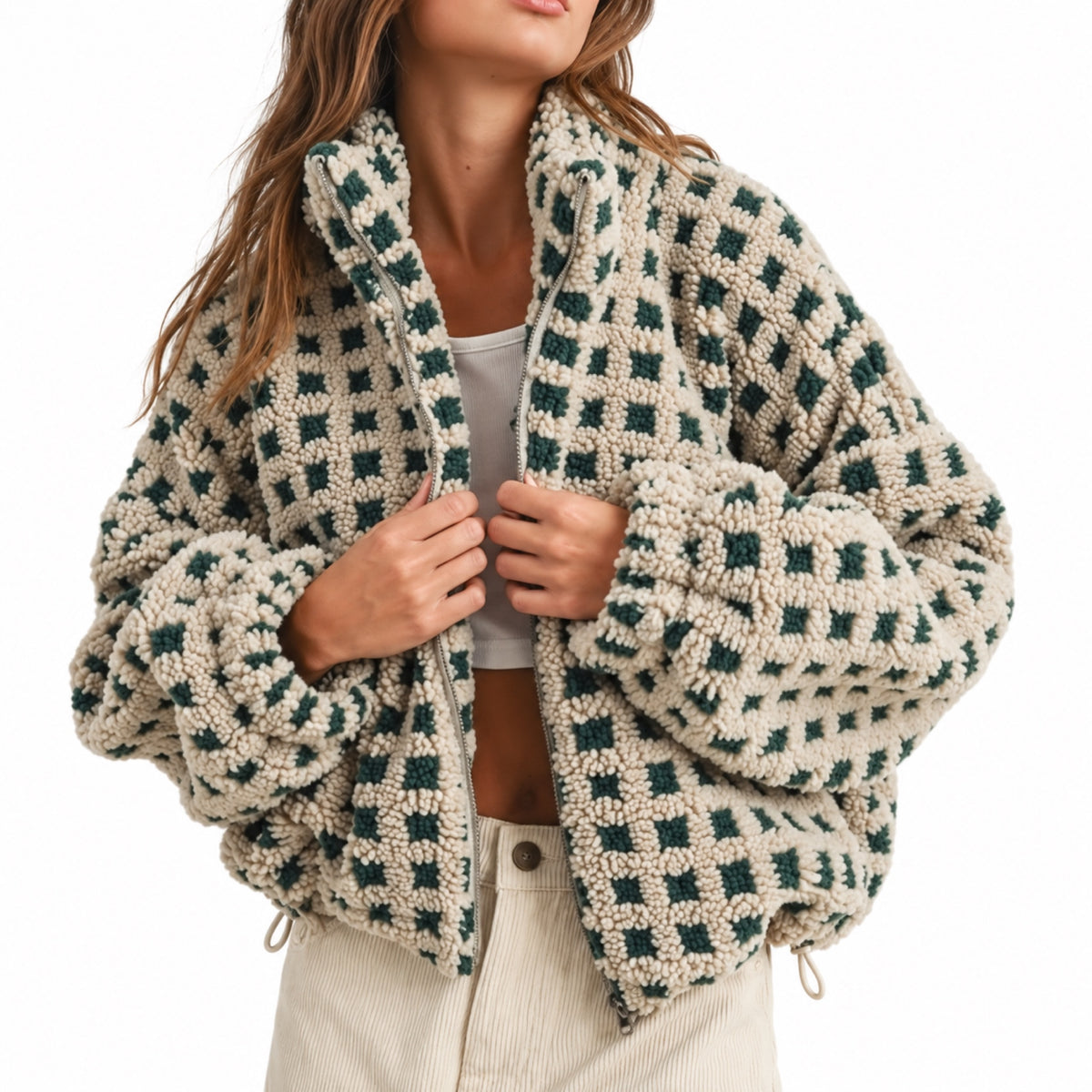 Women's Textured Grid Jacket Funnel Neck Relaxed Fit
