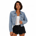 Women's Cropped Denim Jacket Light Wash Relaxed Fit - Blue close front