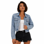 Women's Cropped Denim Jacket Light Wash Relaxed Fit - Blue close front