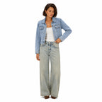 Women's Cropped Denim Jacket Light Wash Relaxed Fit - Blue full front