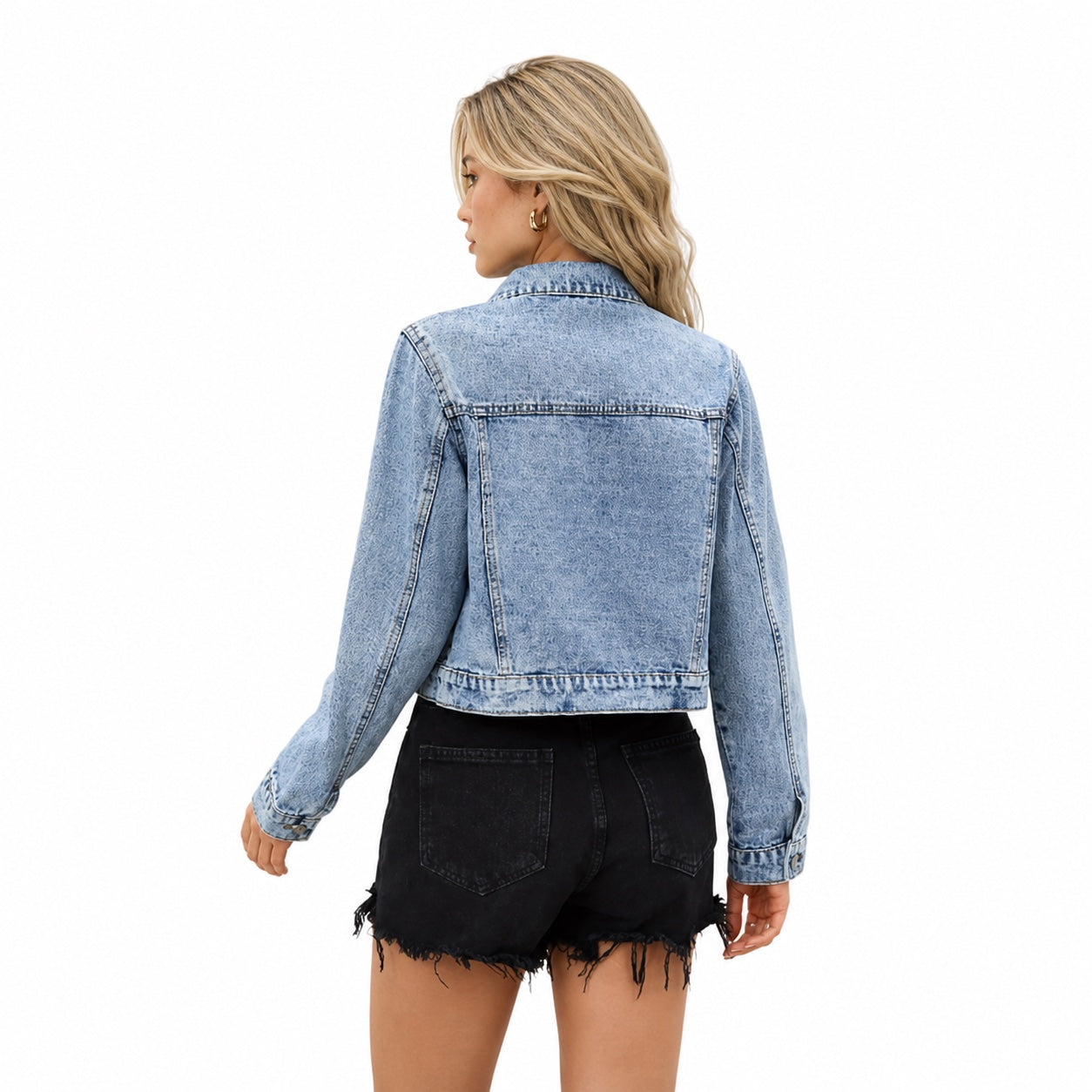 Women's Cropped Denim Jacket Light Wash Relaxed Fit - Blue back
