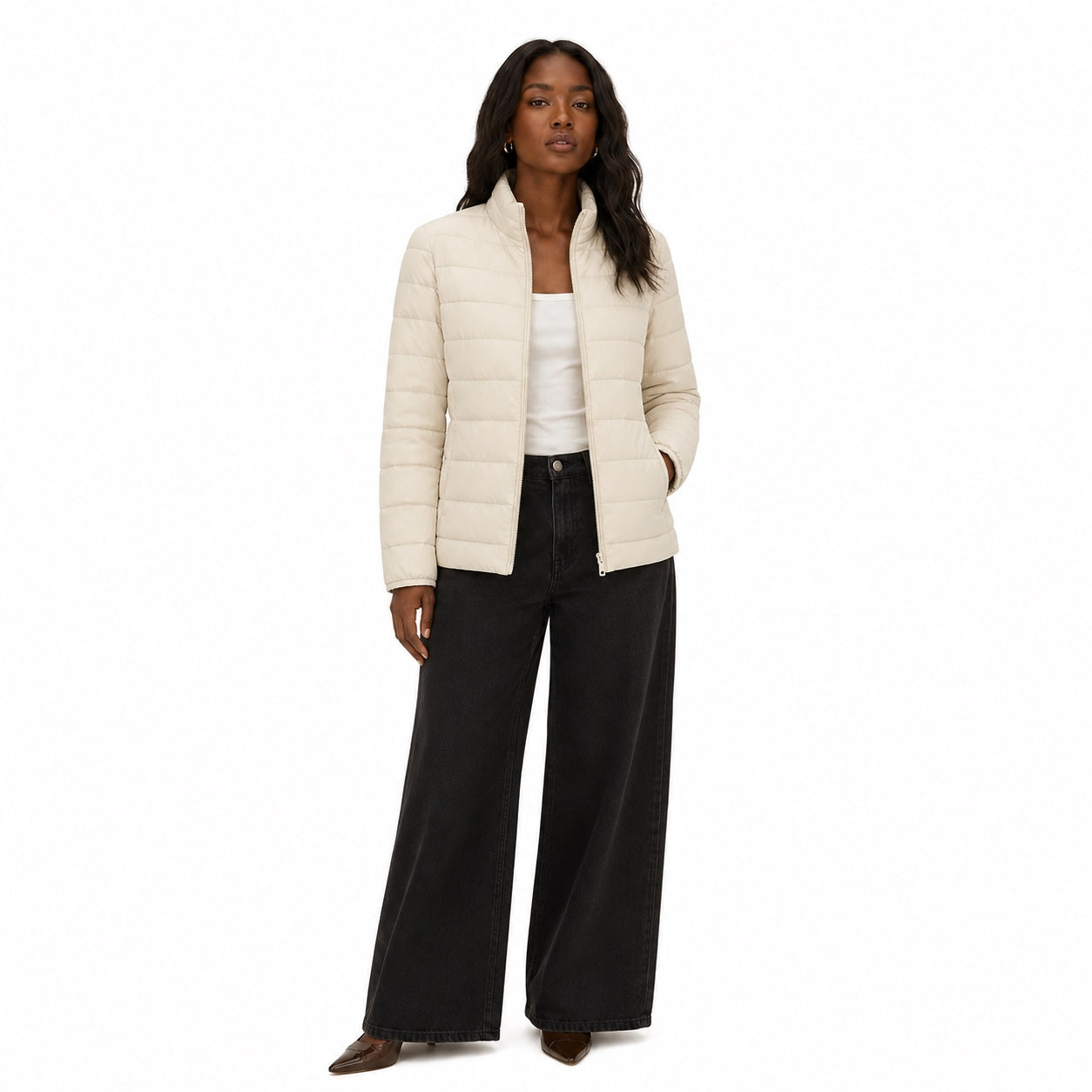 Women's Lightweight Quilted Puffer Jacket Stand Collar Regular Fit - Beige front