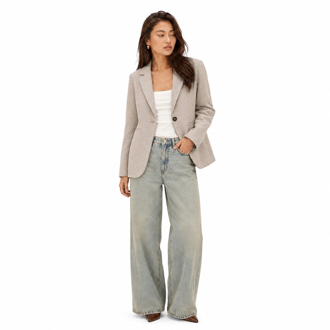 Women's Micro-Check Single-Button Blazer Tailored Fit - Apricot full front