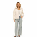 Women's Corduroy Puffer Jacket Wide Collar Relaxed Fit - Apricot front