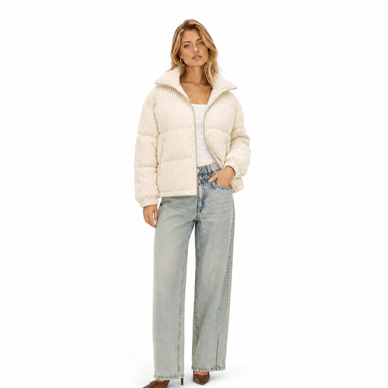 Women's Corduroy Puffer Jacket Wide Collar Relaxed Fit - Apricot front