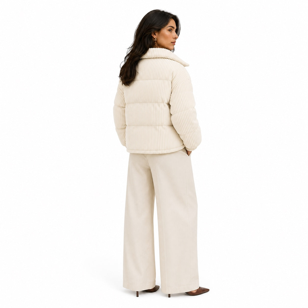 Women's Corduroy Puffer Jacket Wide Collar Relaxed Fit - Apricot back