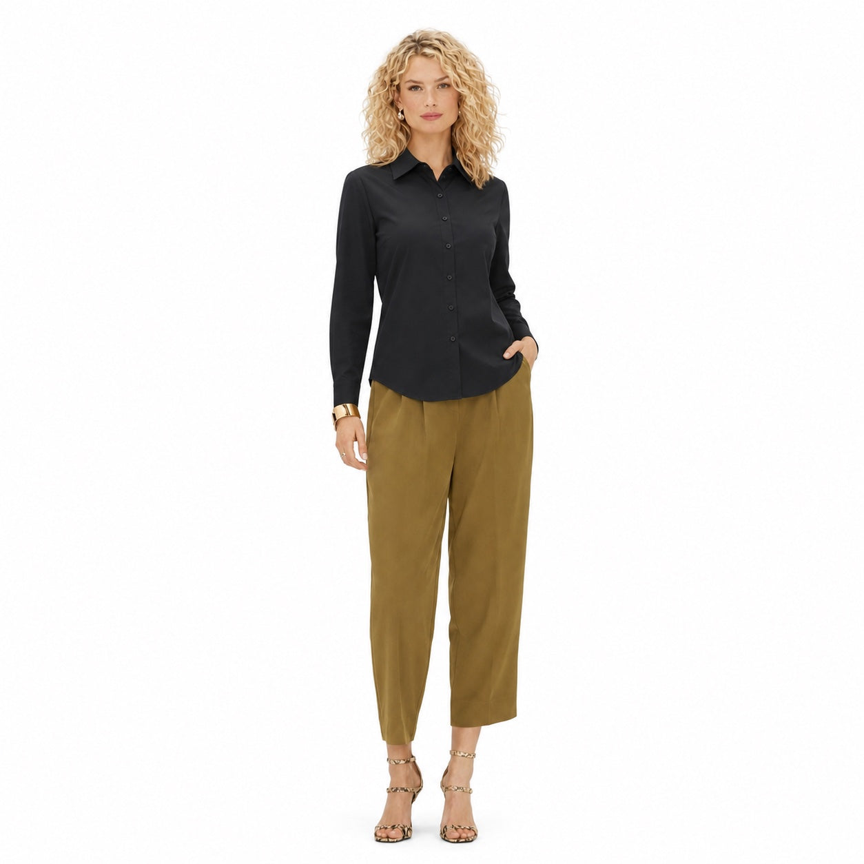 Women's Classic Button-Front Shirt Point Collar Regular Fit - Black 