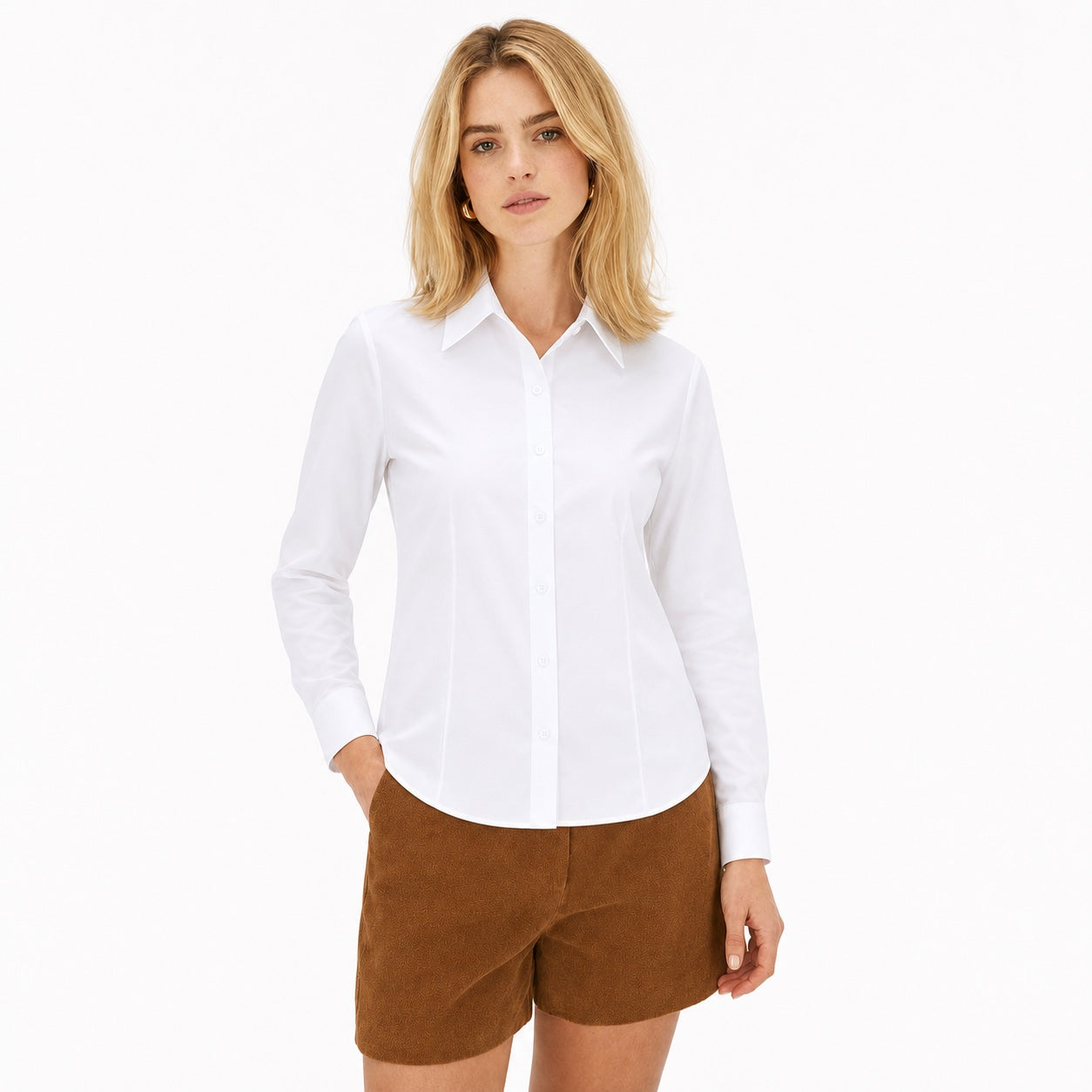 Women's Classic Button-Front Shirt Point Collar Regular Fit - White 