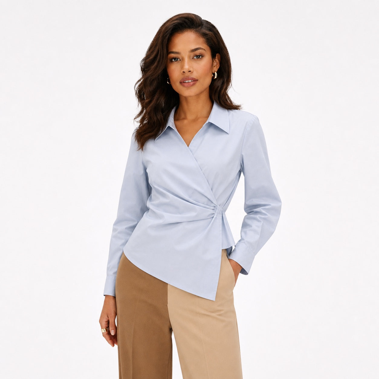 Women's Asymmetric Wrap-Front Blouse Point Collar Tailored Fit - Blue 