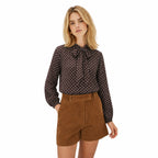 Women's Polka-Dot Tie-Neck Blouse Long Sleeve Relaxed Fit - Brown 