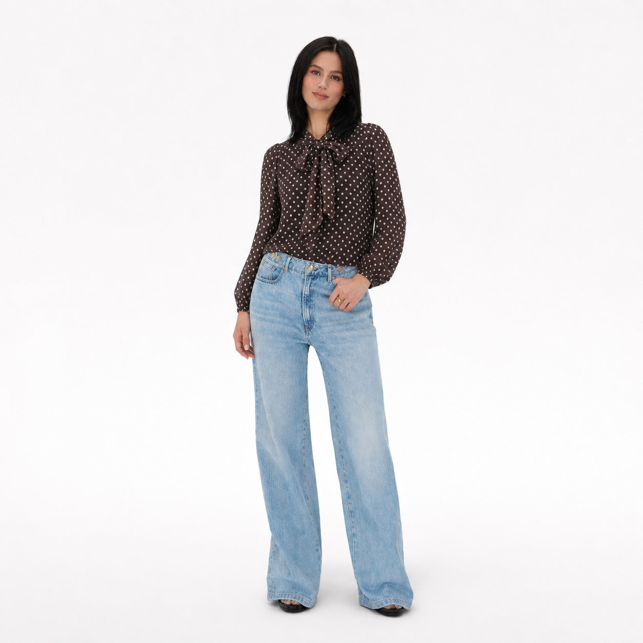 Women's Polka-Dot Tie-Neck Blouse Long Sleeve Relaxed Fit - Brown 