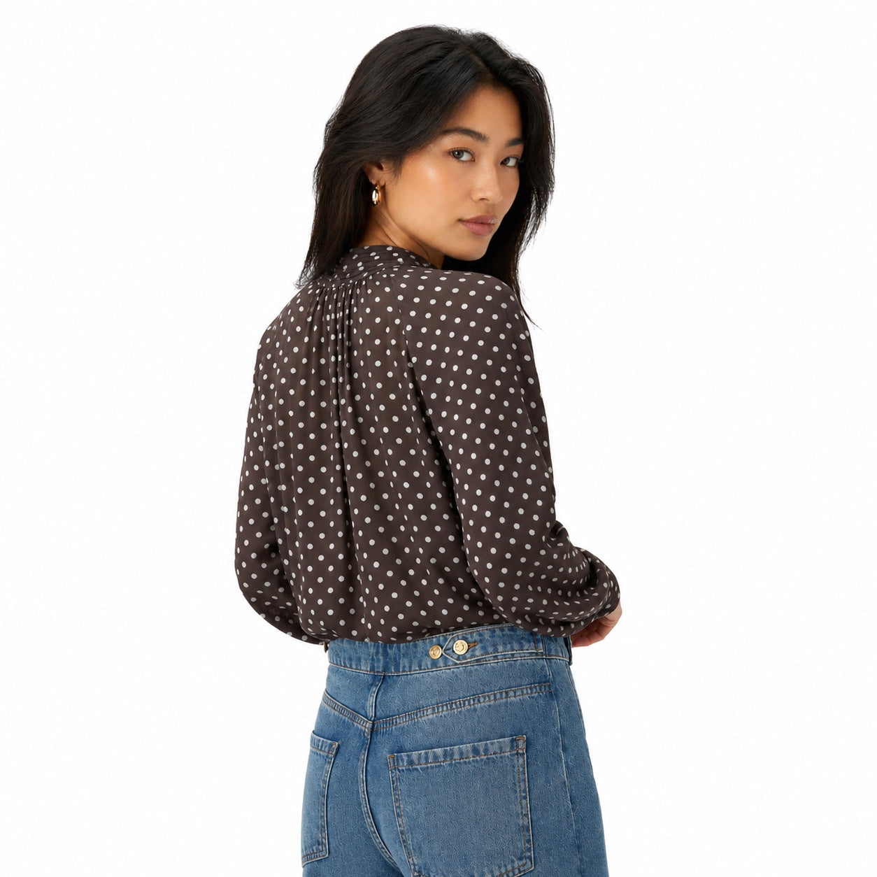 Women's Polka-Dot Tie-Neck Blouse Long Sleeve Relaxed Fit - Brown 