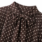 Women's Polka-Dot Tie-Neck Blouse Long Sleeve Relaxed Fit - Brown 