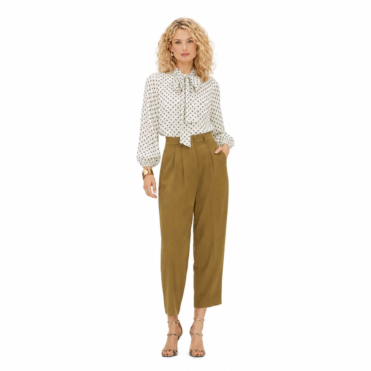 Women's Polka-Dot Tie-Neck Blouse Long Sleeve Relaxed Fit - White 