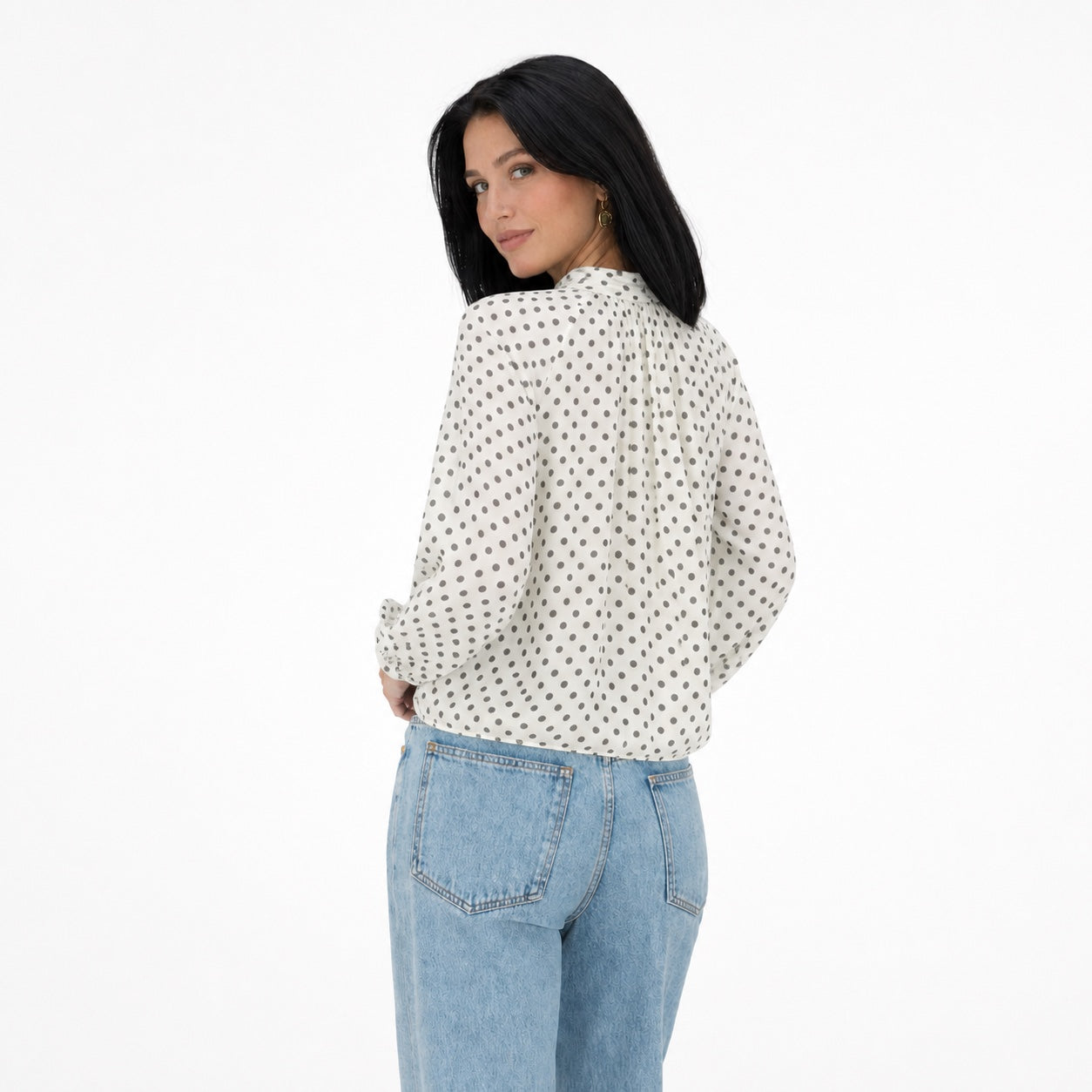 Women's Polka-Dot Tie-Neck Blouse Long Sleeve Relaxed Fit - White 