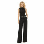 Women's High-Waisted Ring-Chain Trousers Pintuck Wide-Leg Fit - Black 
