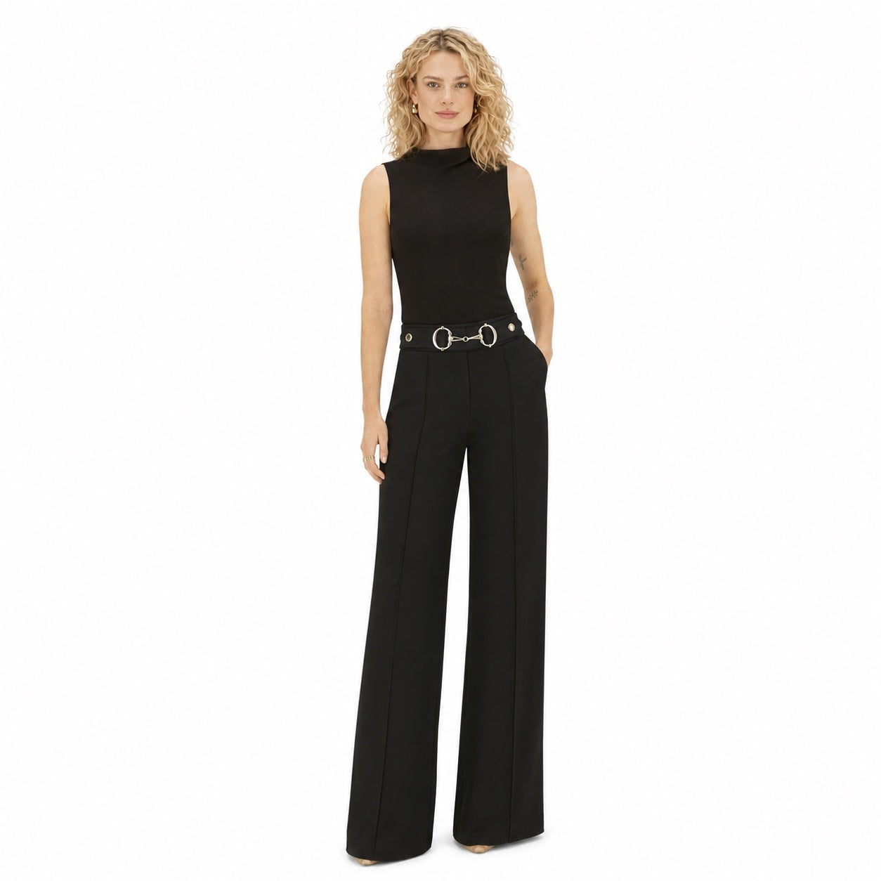 Women's High-Waisted Ring-Chain Trousers Pintuck Wide-Leg Fit - Black 