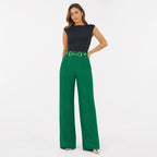 Women's High-Waisted Ring-Chain Trousers Pintuck Wide-Leg Fit - Green 