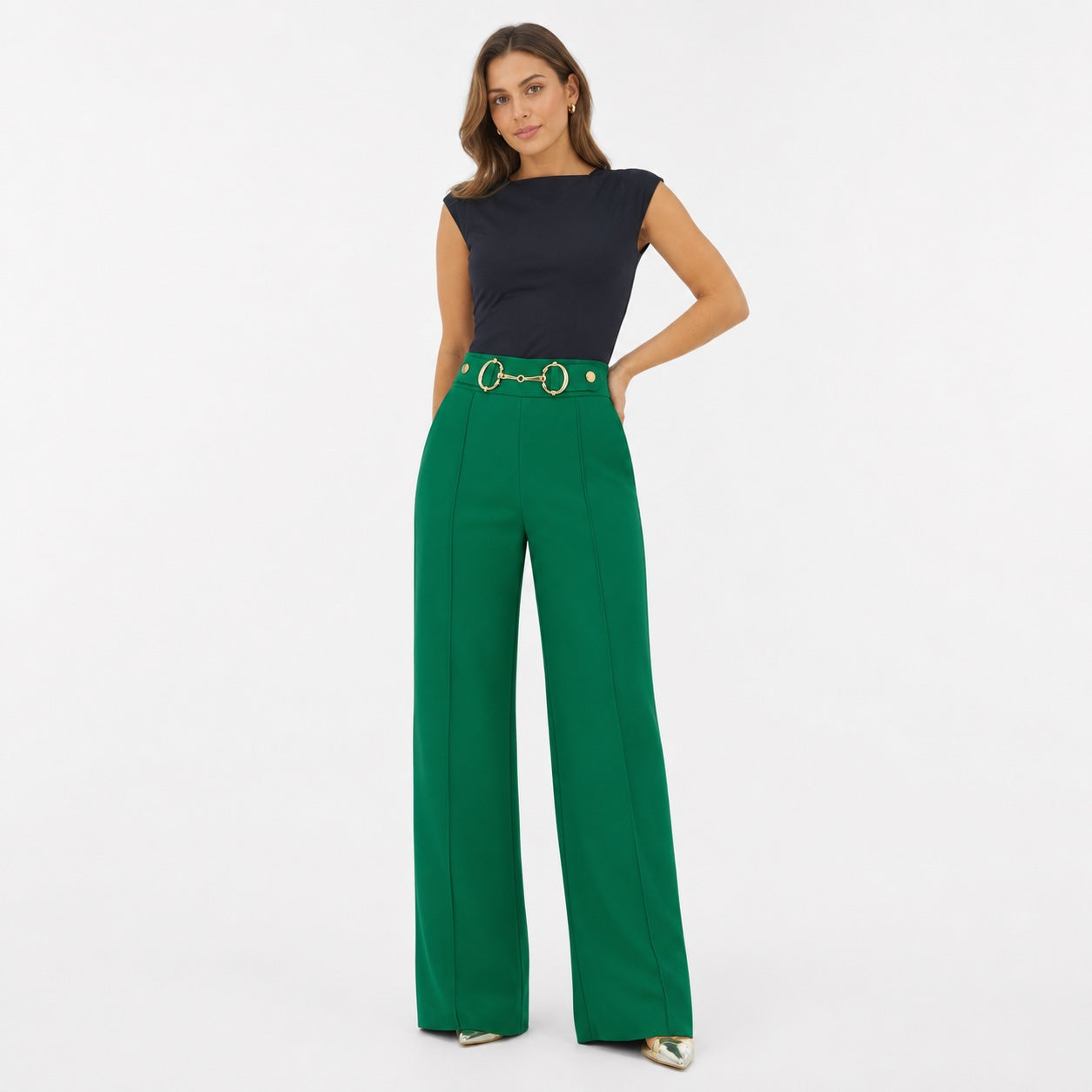 Women's High-Waisted Ring-Chain Trousers Pintuck Wide-Leg Fit - Green 