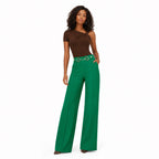 Women's High-Waisted Ring-Chain Trousers Pintuck Wide-Leg Fit - Green 