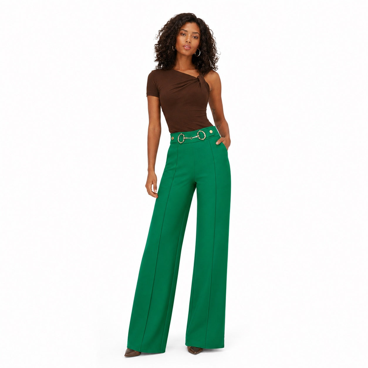 Women's High-Waisted Ring-Chain Trousers Pintuck Wide-Leg Fit - Green 