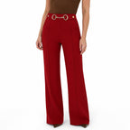 Women's High-Waisted Ring-Chain Trousers Pintuck Wide-Leg Fit - Wine Red 