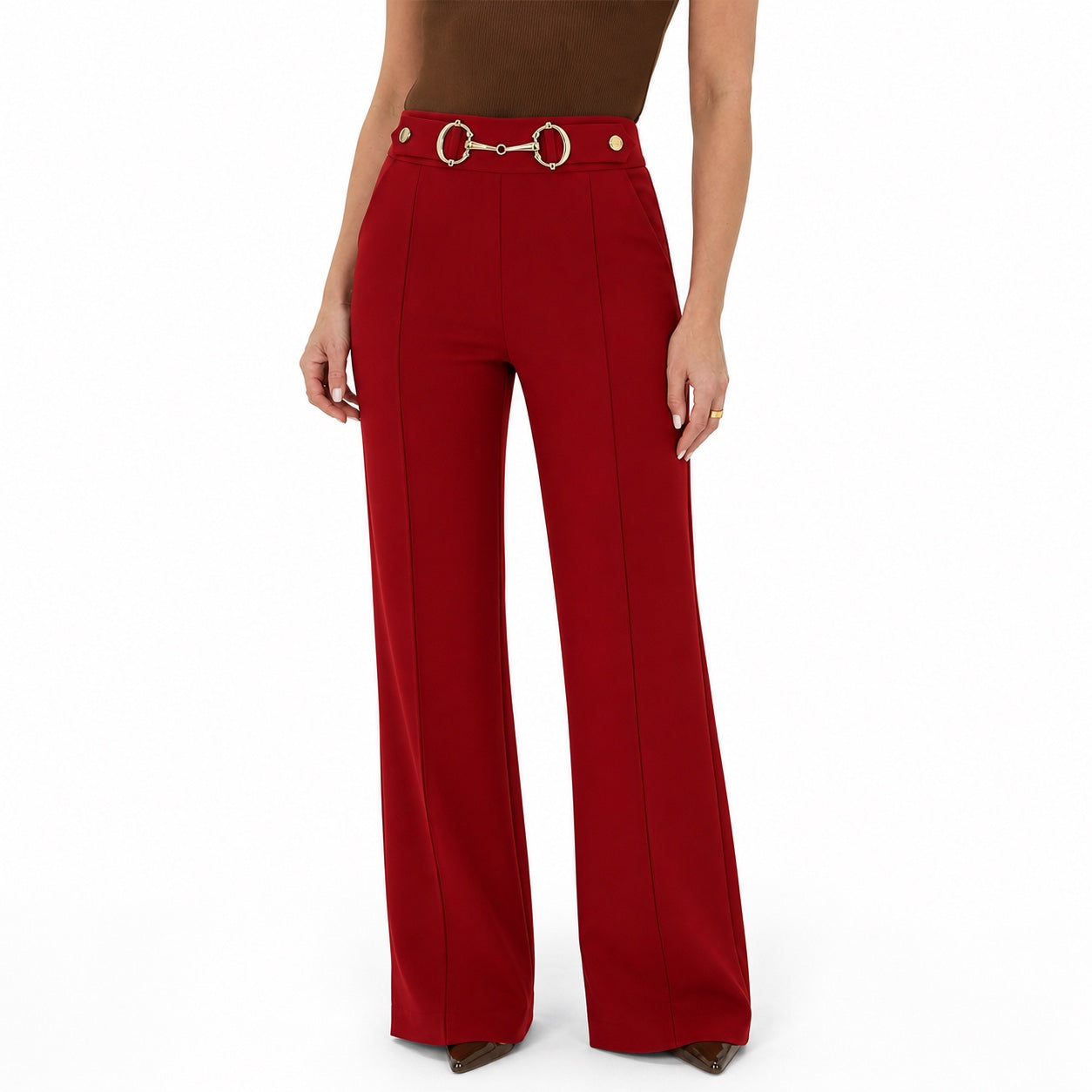 Women's High-Waisted Ring-Chain Trousers Pintuck Wide-Leg Fit - Wine Red 