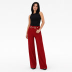 Women's High-Waisted Ring-Chain Trousers Pintuck Wide-Leg Fit - Wine Red 