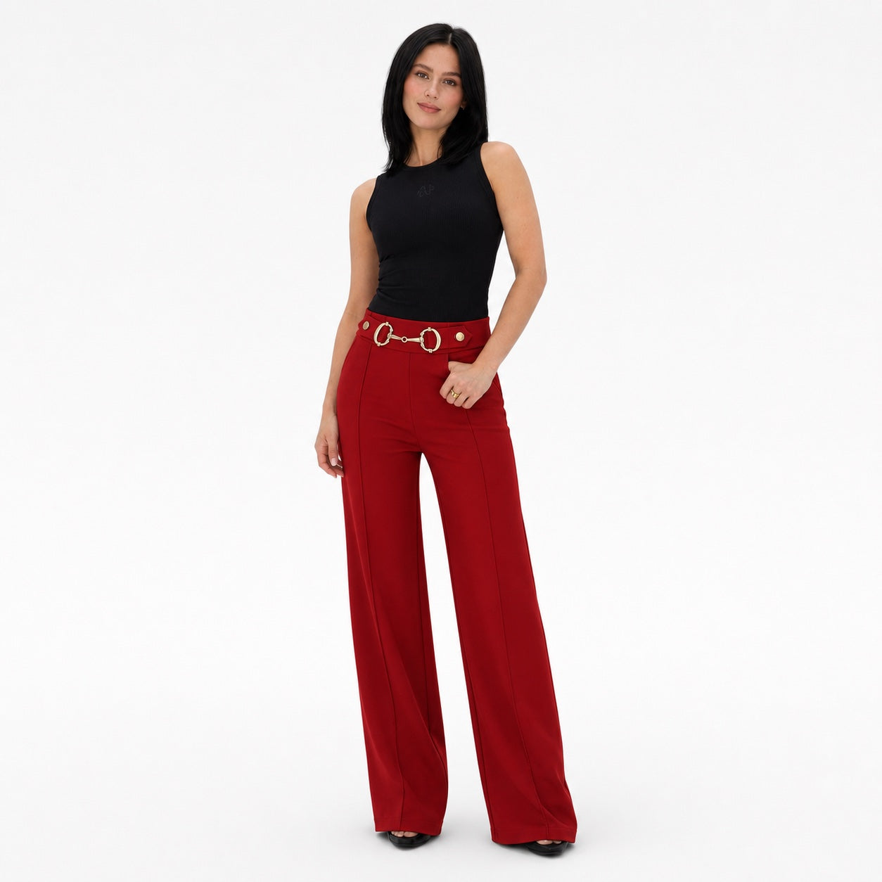 Women's High-Waisted Ring-Chain Trousers Pintuck Wide-Leg Fit - Wine Red 