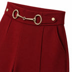 Women's High-Waisted Ring-Chain Trousers Pintuck Wide-Leg Fit - Wine Red 