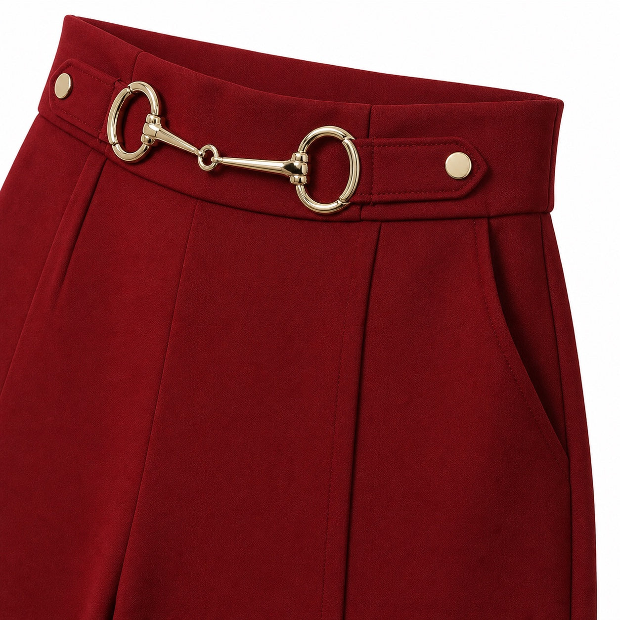 Women's High-Waisted Ring-Chain Trousers Pintuck Wide-Leg Fit - Wine Red 