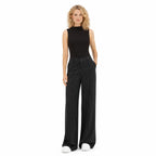 Women's Pinstripe High-Waisted Trousers Full-Length Wide-Leg Fit - Black 