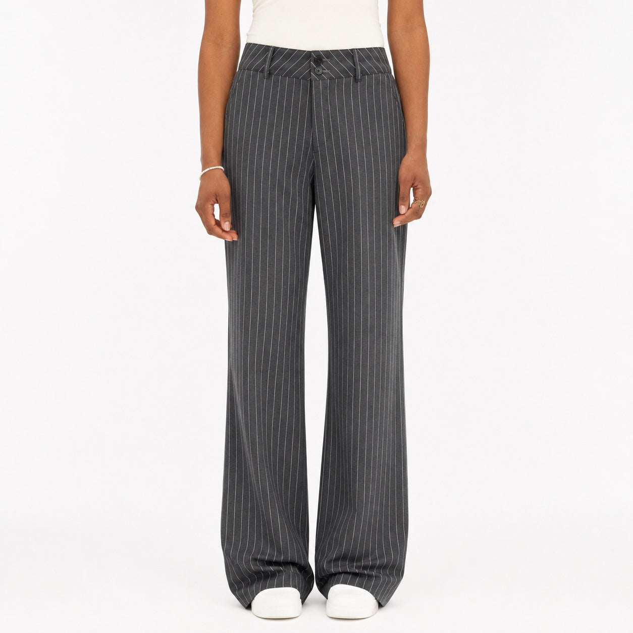 Women's Pinstripe High-Waisted Trousers Full-Length Wide-Leg Fit - Grey 