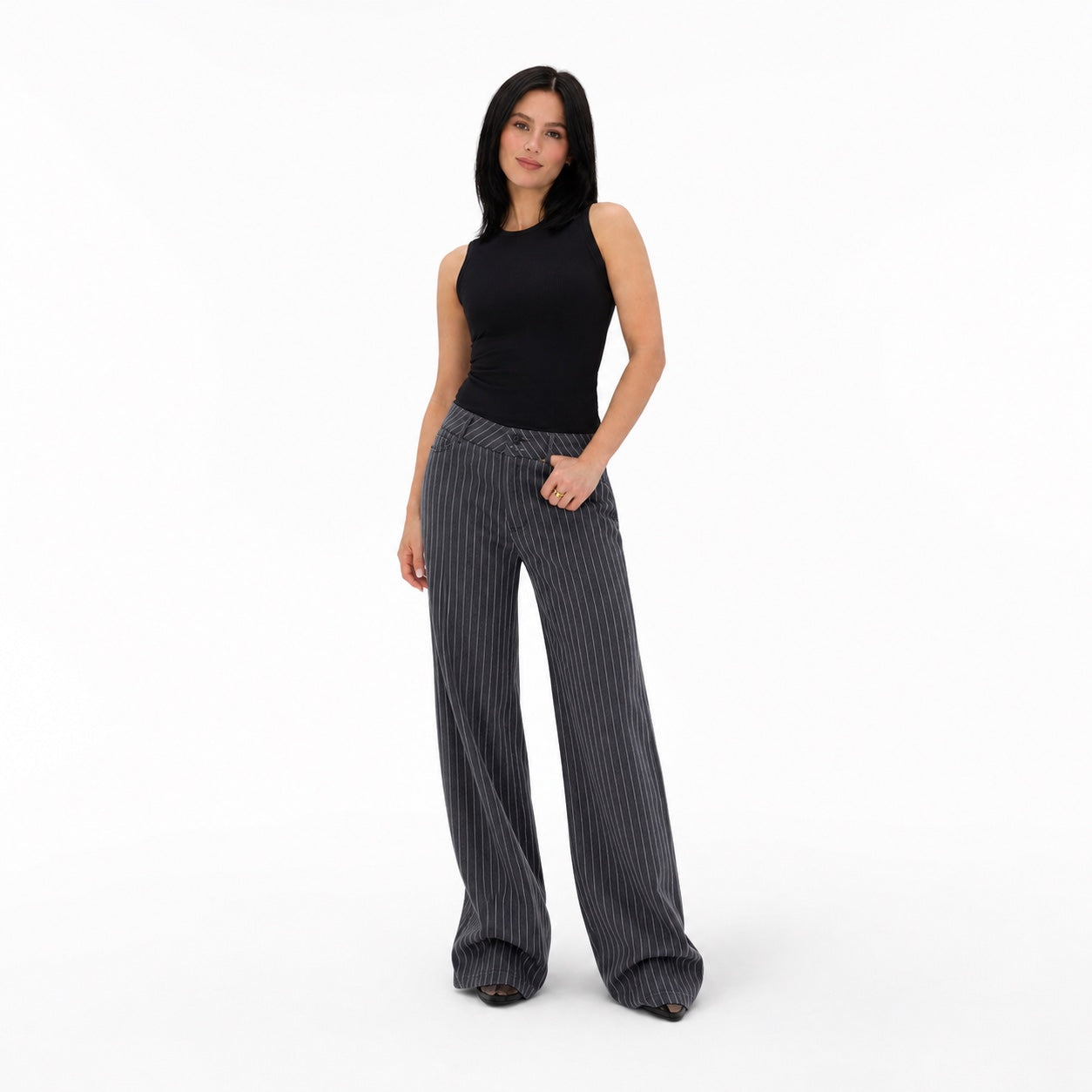 Women's Pinstripe High-Waisted Trousers Full-Length Wide-Leg Fit - Grey 
