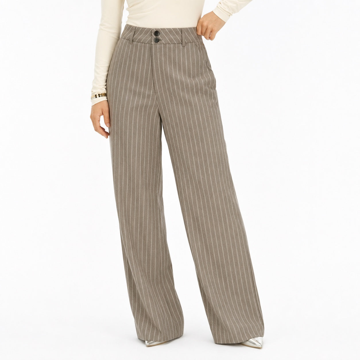 Women's Pinstripe High-Waisted Trousers Full-Length Wide-Leg Fit - Khaki 