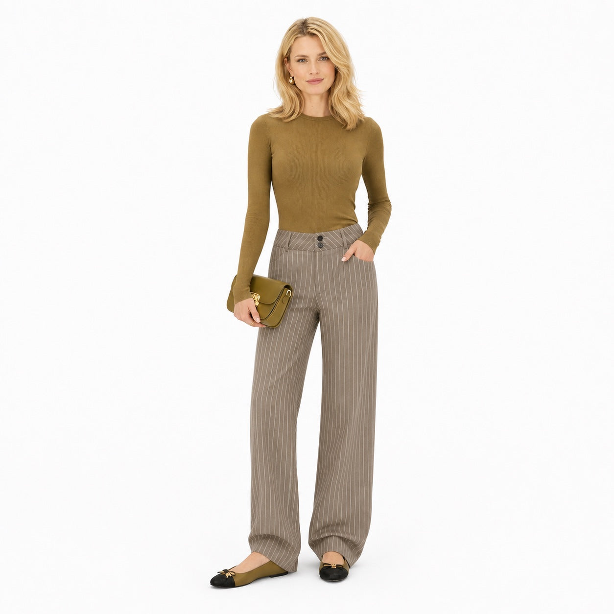 Women's Pinstripe High-Waisted Trousers Full-Length Wide-Leg Fit - Khaki 