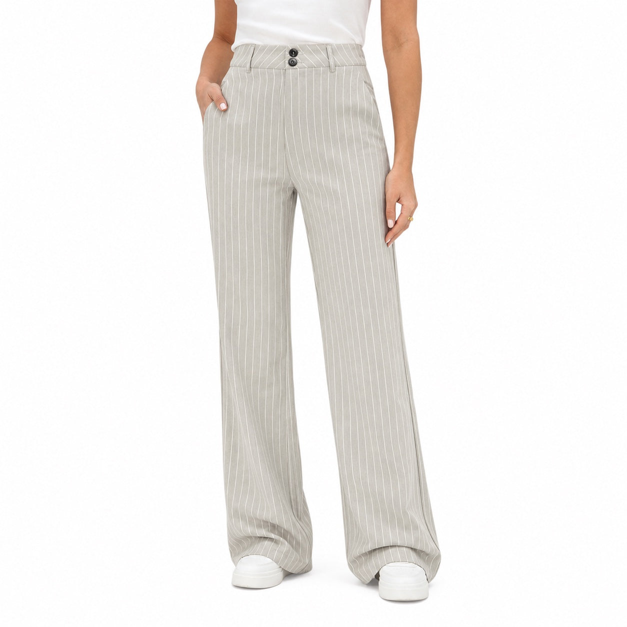 Women's Pinstripe High-Waisted Trousers Full-Length Wide-Leg Fit - Light Grey 