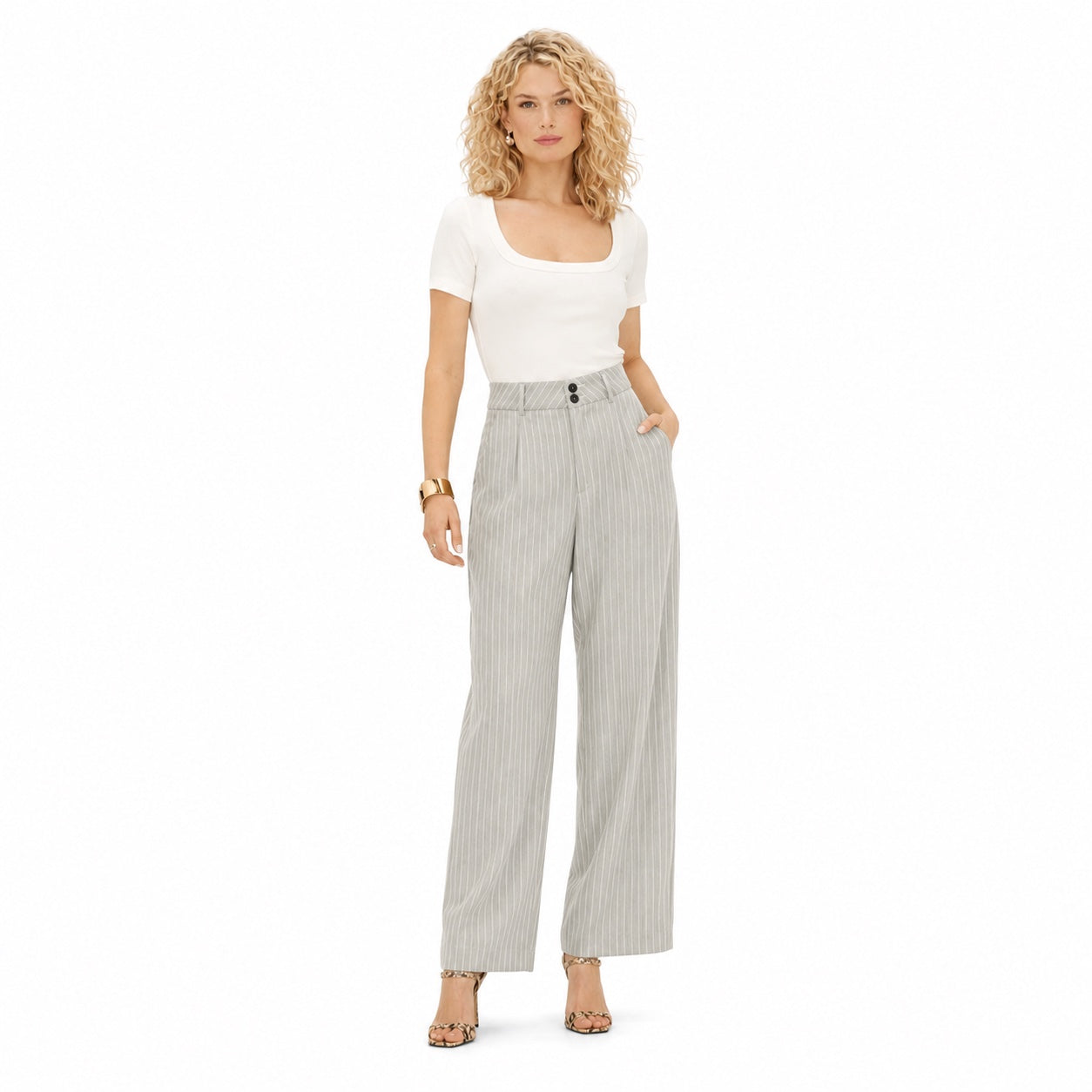 Women's Pinstripe High-Waisted Trousers Full-Length Wide-Leg Fit - Light Grey 