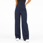 Women's Pinstripe High-Waisted Trousers Full-Length Wide-Leg Fit - Navy 