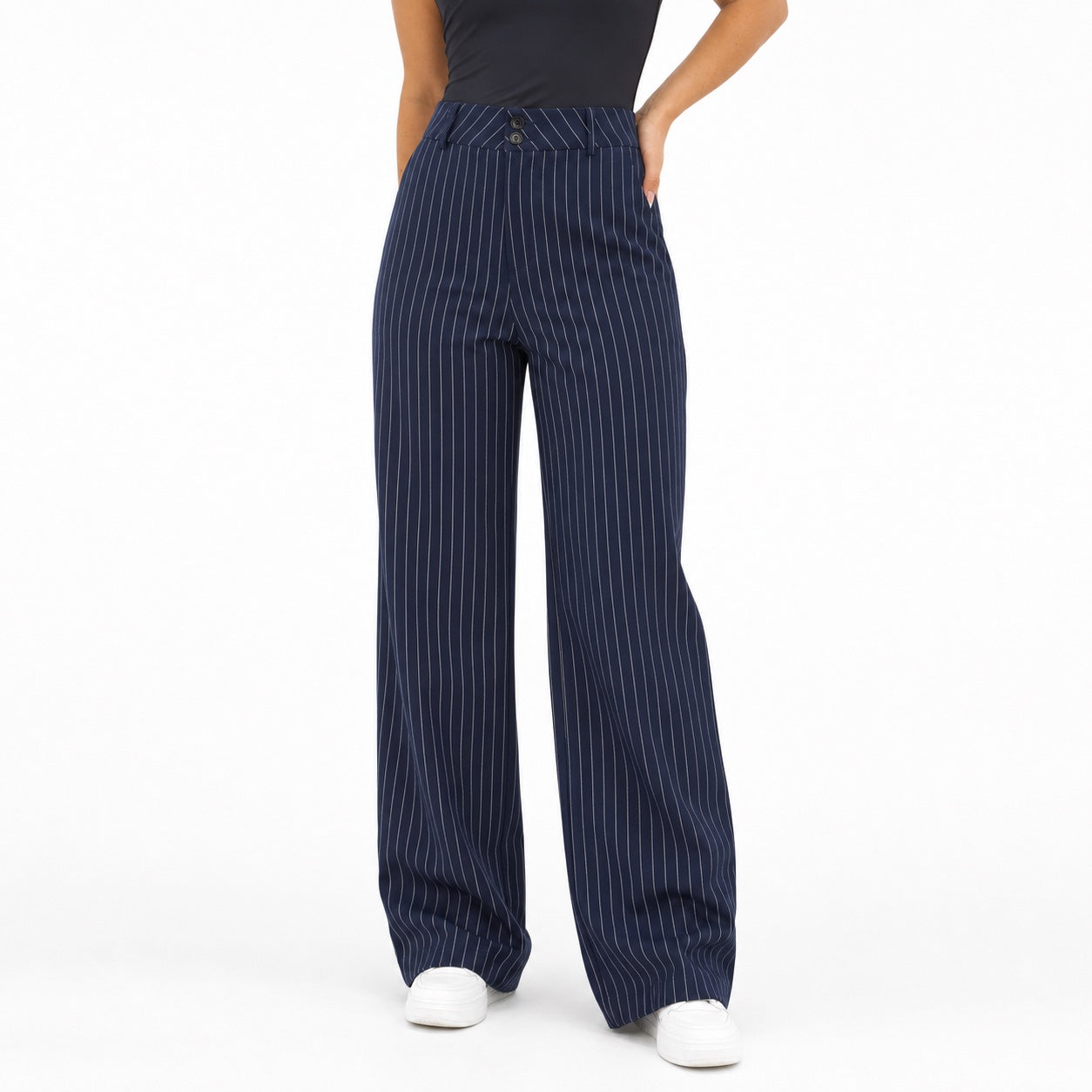 Women's Pinstripe High-Waisted Trousers Full-Length Wide-Leg Fit - Navy 
