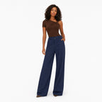 Women's Pinstripe High-Waisted Trousers Full-Length Wide-Leg Fit - Navy 