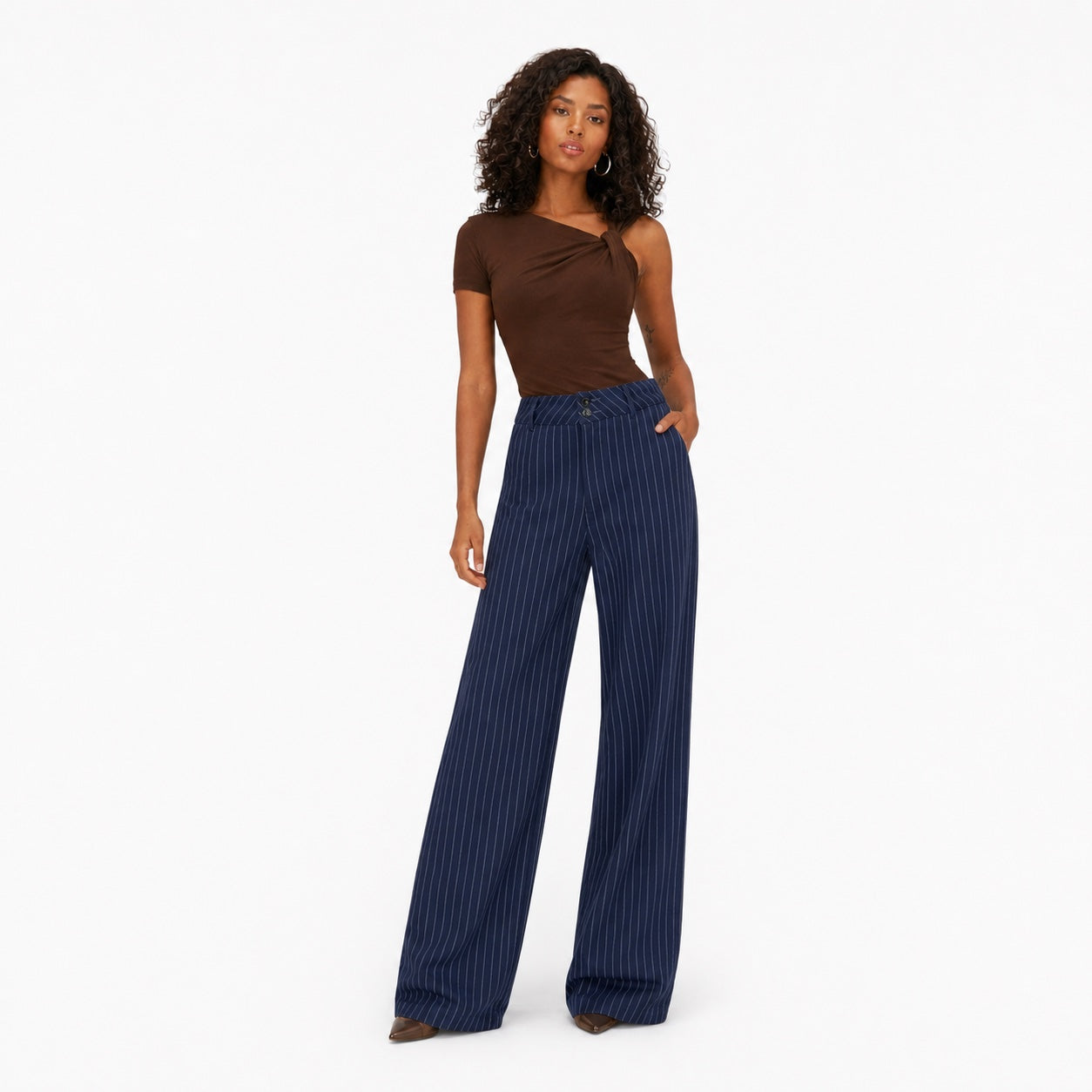 Women's Pinstripe High-Waisted Trousers Full-Length Wide-Leg Fit - Navy 